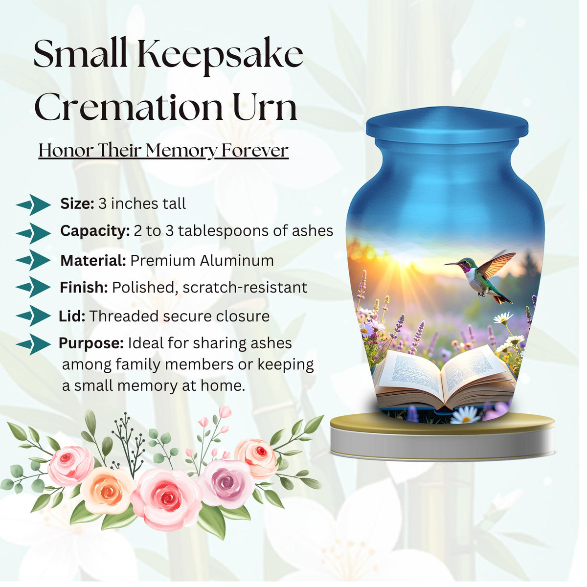 hummingbird open book meadow cremation urn for human ashes, handmade aluminum memorial urn – photo 4