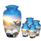 hummingbird open book meadow cremation urn for human ashes, handmade aluminum memorial urn – photo 9
