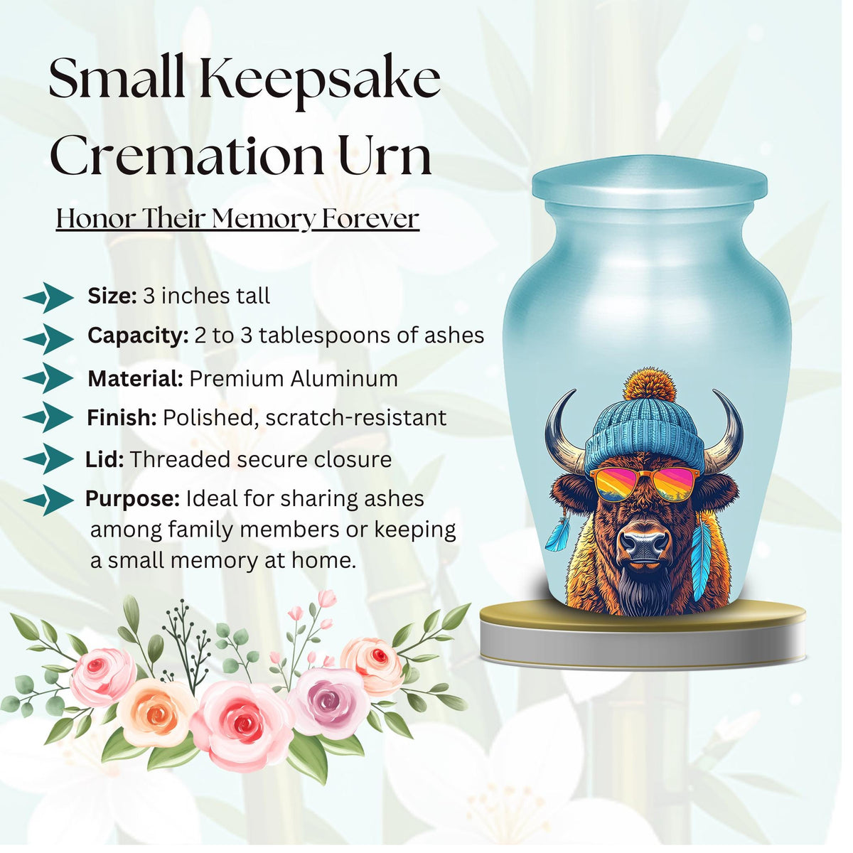 bison sunglasses beanie cremation urn for human ashes, handmade aluminum memorial urn – photo 4
