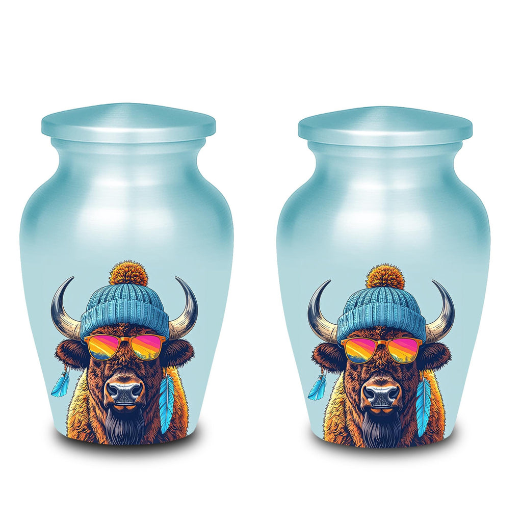bison sunglasses beanie cremation urn for human ashes, handmade aluminum memorial urn – photo 7