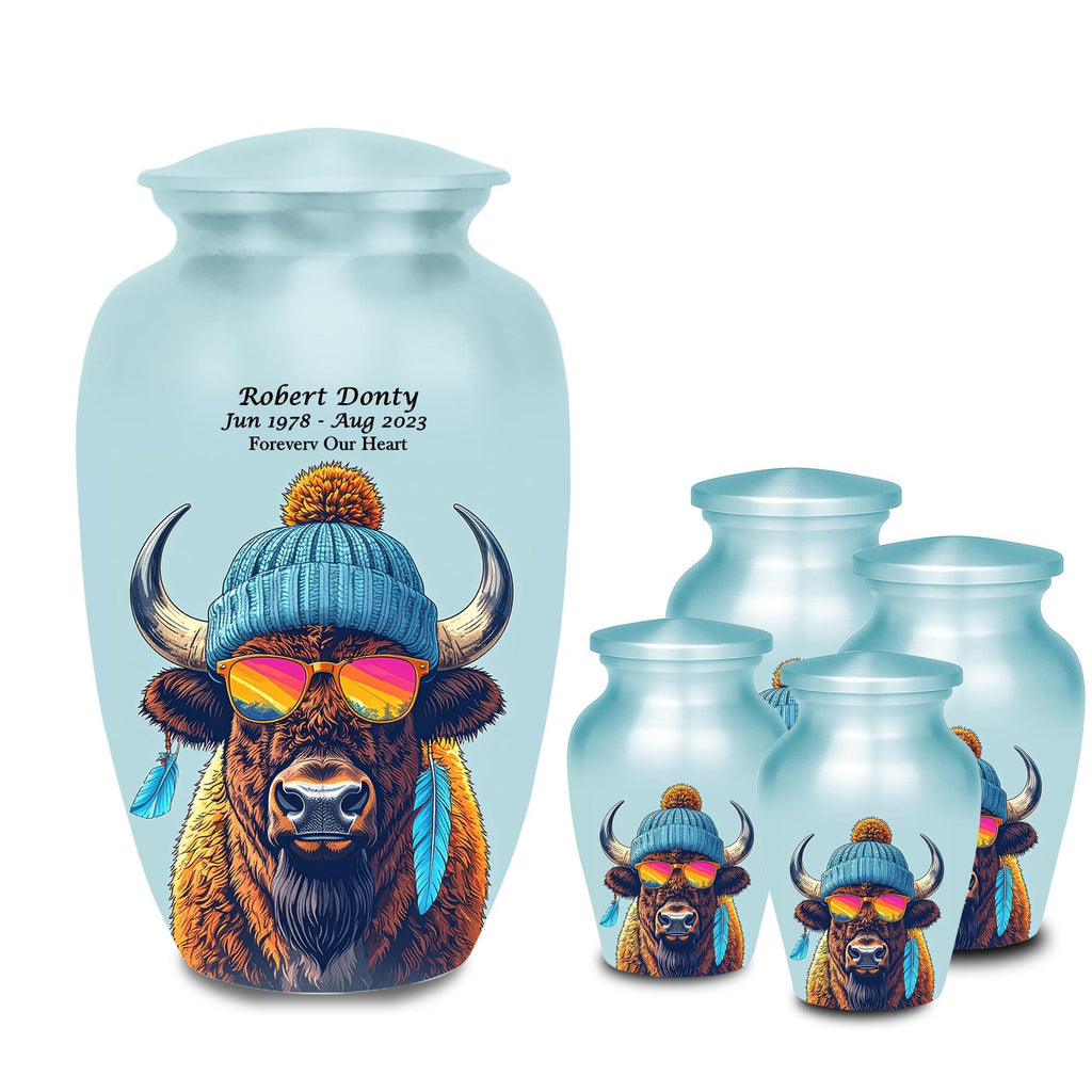 bison sunglasses beanie cremation urn for human ashes, handmade aluminum memorial urn – photo 6