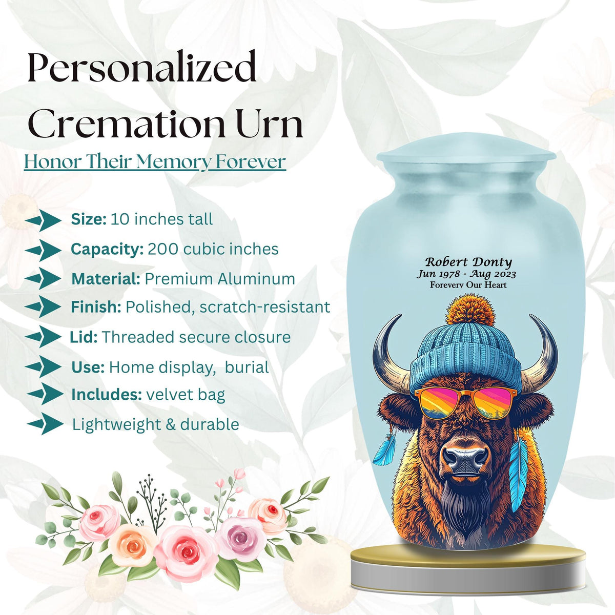 bison sunglasses beanie cremation urn for human ashes, handmade aluminum memorial urn – photo 2