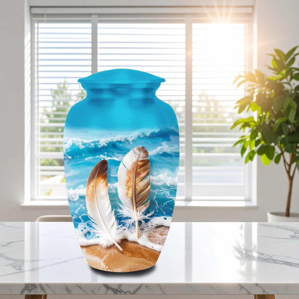 feather beach ocean cremation urn for human ashes, handmade aluminum memorial urn – photo 1