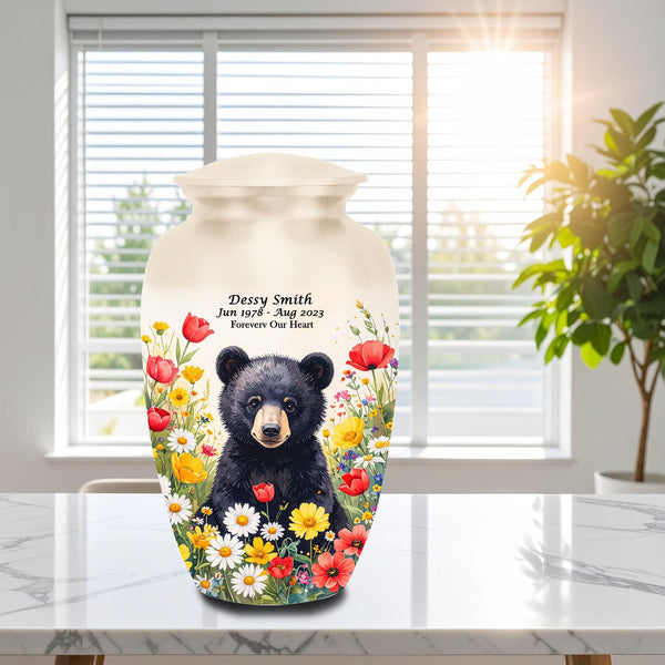 black bear wildflower meadow cremation urn for human ashes, handmade aluminum memorial urn – photo 1
