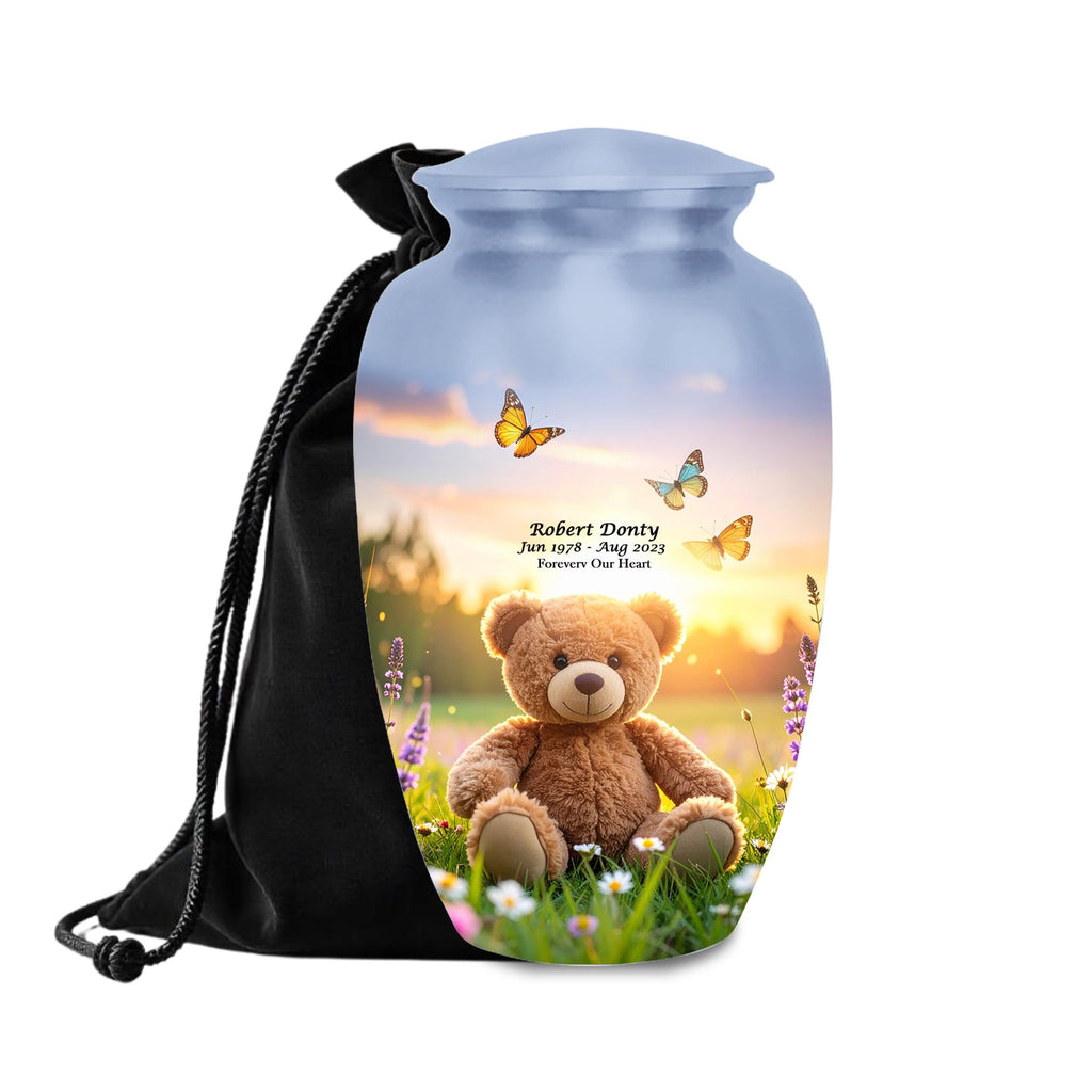 teddy bear butterfly cremation urn for human ashes, handmade aluminum memorial urn – photo 1