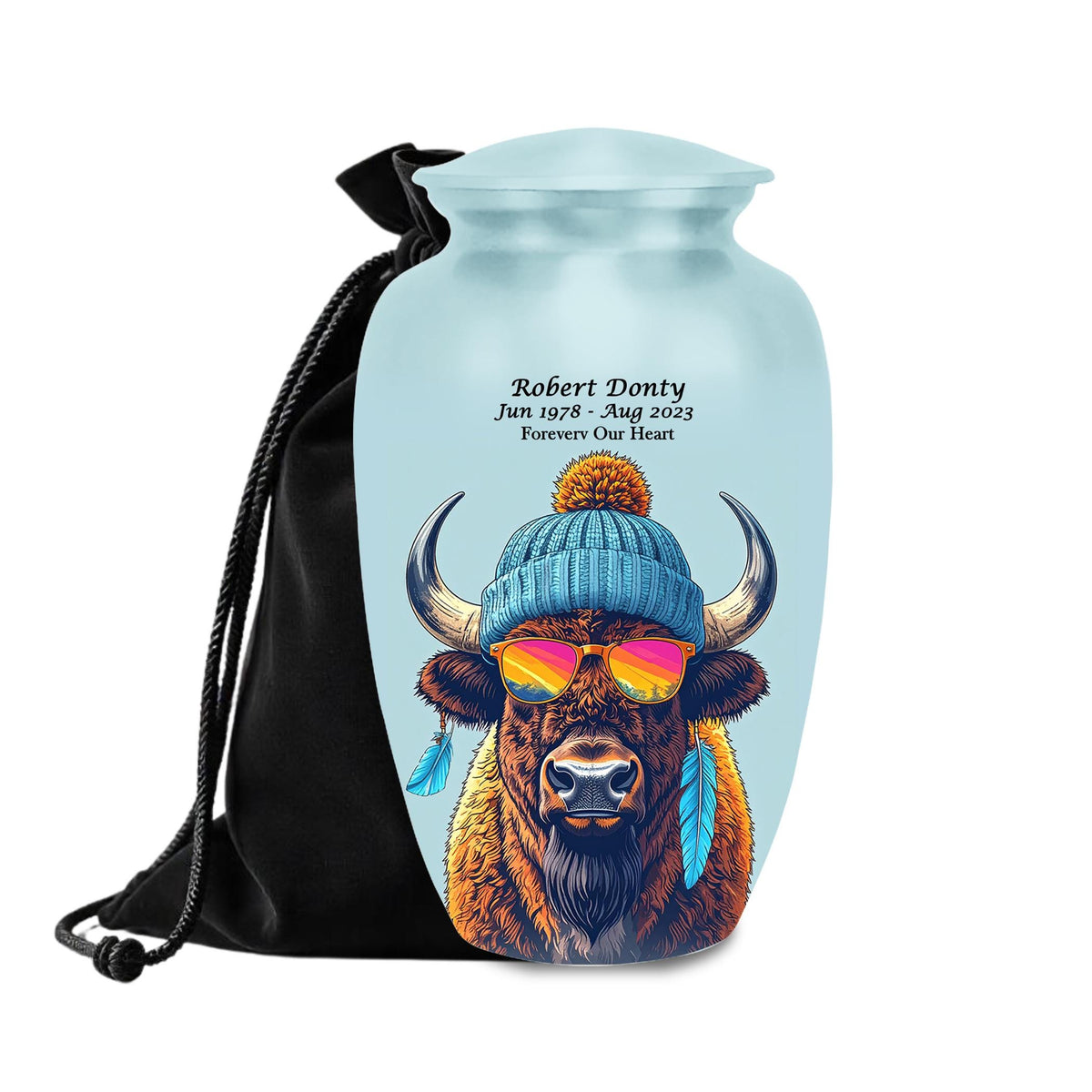 bison sunglasses beanie cremation urn for human ashes, handmade aluminum memorial urn – photo 1