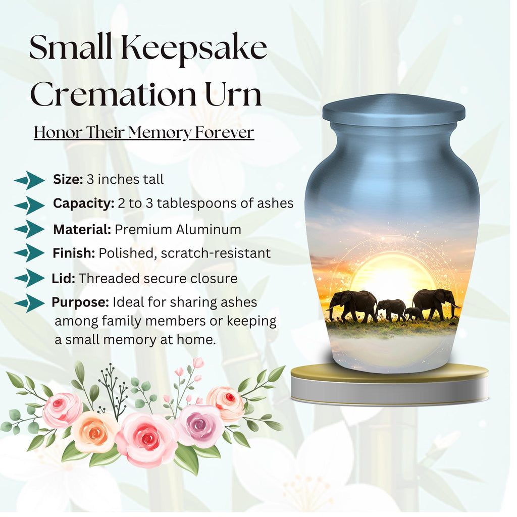 elephant sunrise safari cremation urn for human ashes, handmade aluminum memorial urn – photo 4