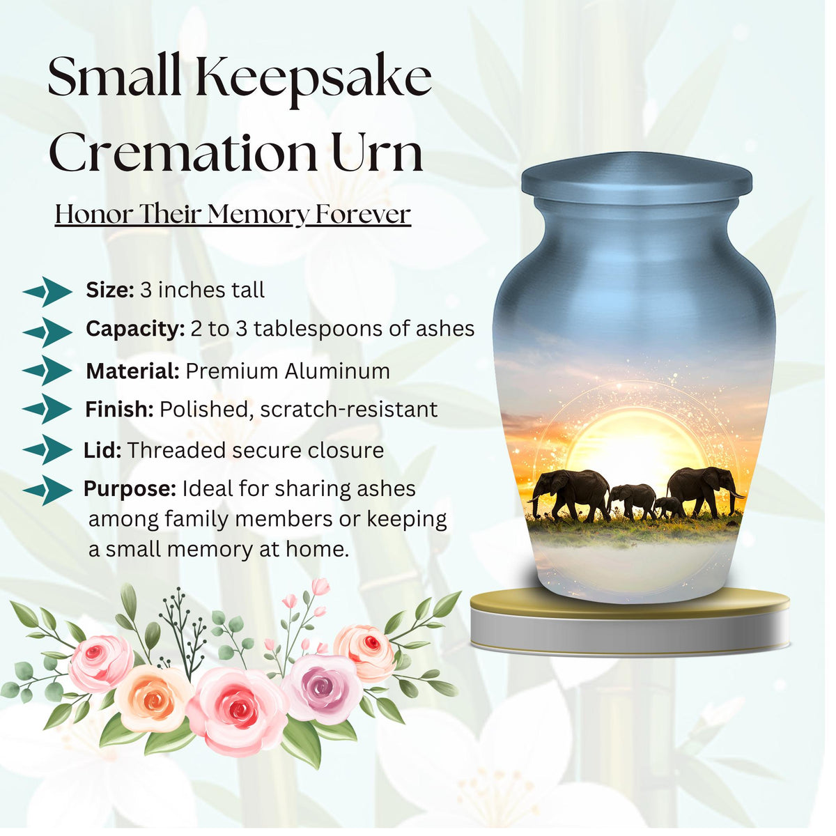 elephant sunrise safari cremation urn for human ashes, handmade aluminum memorial urn – photo 4
