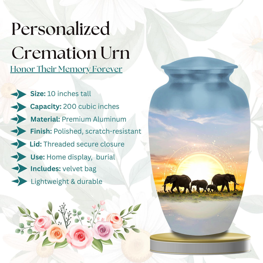 elephant sunrise safari cremation urn for human ashes, handmade aluminum memorial urn – photo 2