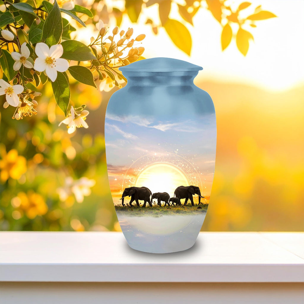 elephant sunrise safari cremation urn for human ashes, handmade aluminum memorial urn – photo 9