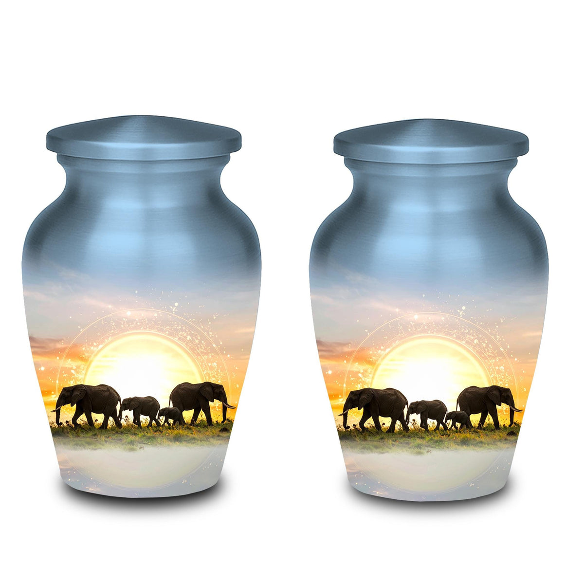 elephant sunrise safari cremation urn for human ashes, handmade aluminum memorial urn – photo 7