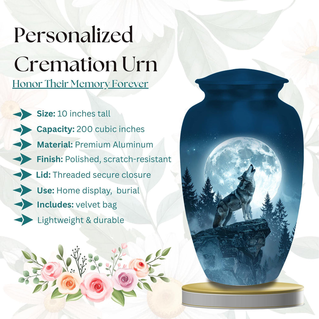 wolf moon wildlife cremation urn for human ashes, handmade aluminum memorial urn – photo 2