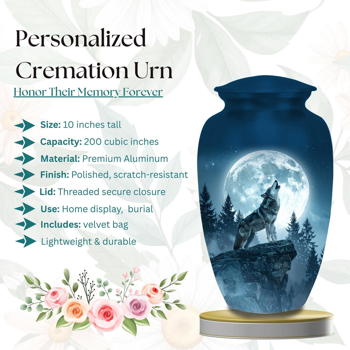 wolf moon wildlife cremation urn for human ashes, handmade aluminum memorial urn – photo 2