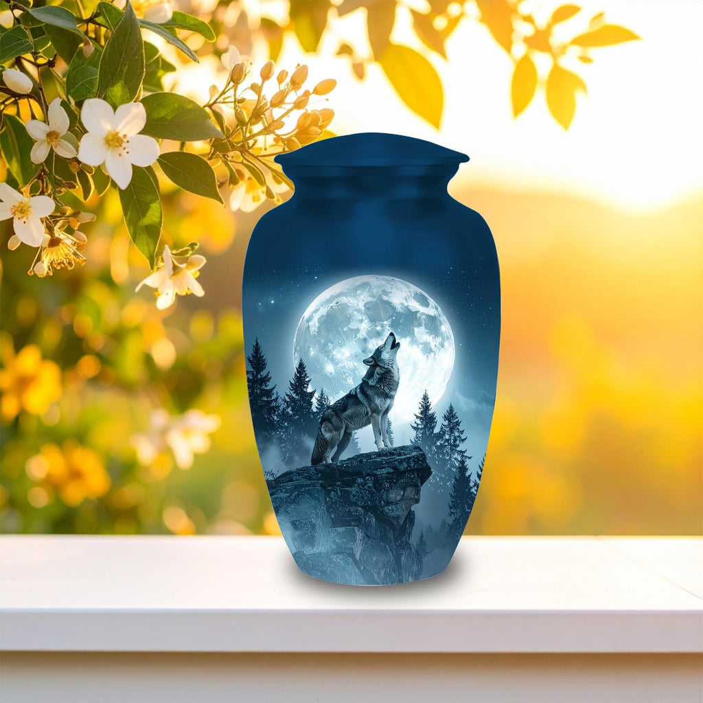 wolf moon wildlife cremation urn for human ashes, handmade aluminum memorial urn – photo 5