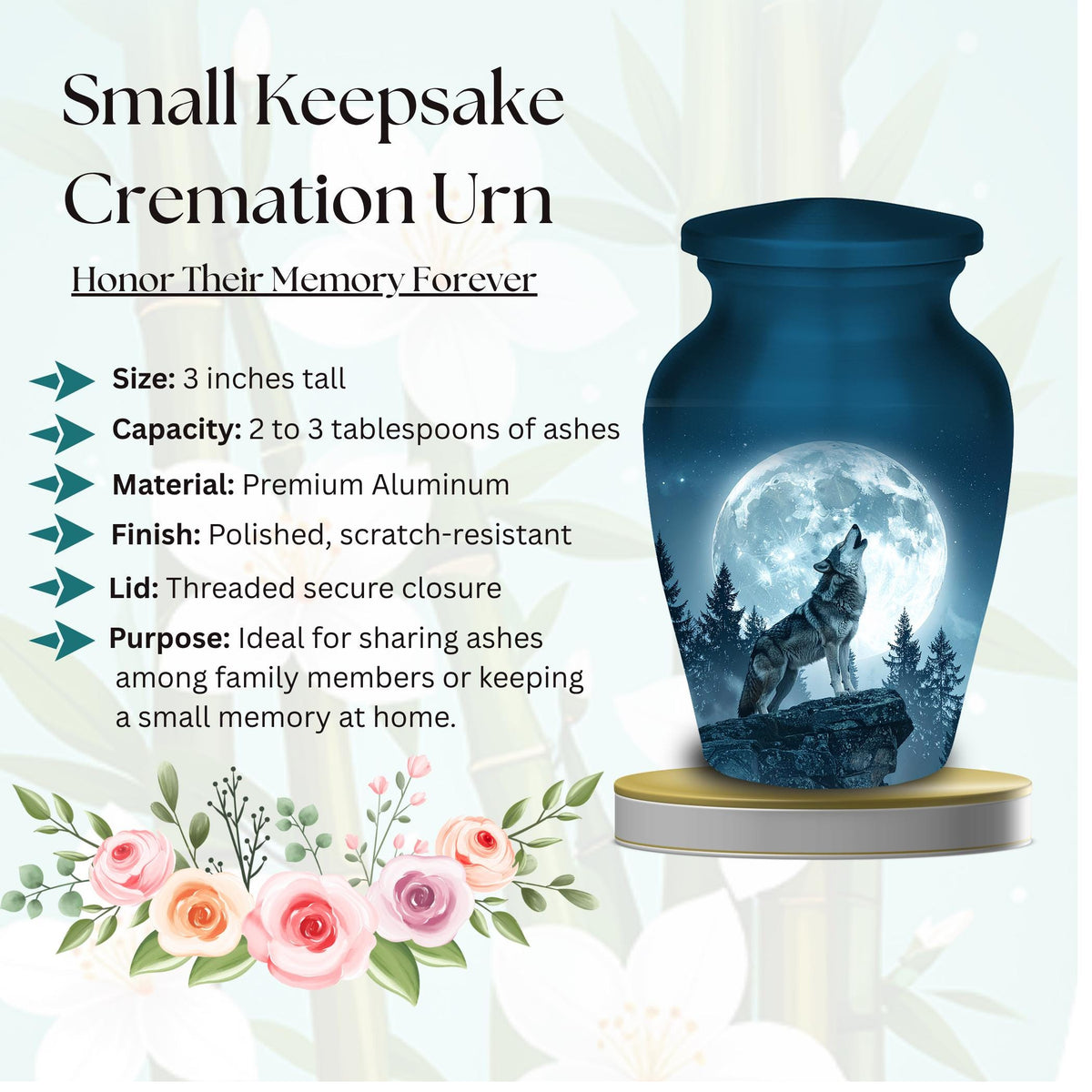 wolf moon wildlife cremation urn for human ashes, handmade aluminum memorial urn – photo 4