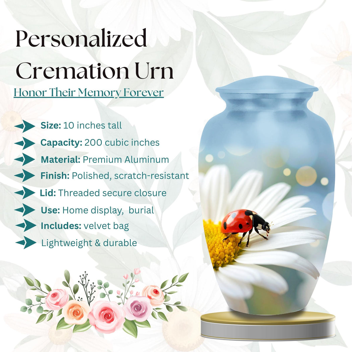 ladybug daisy flower cremation urn for human ashes, handmade aluminum memorial urn – photo 2