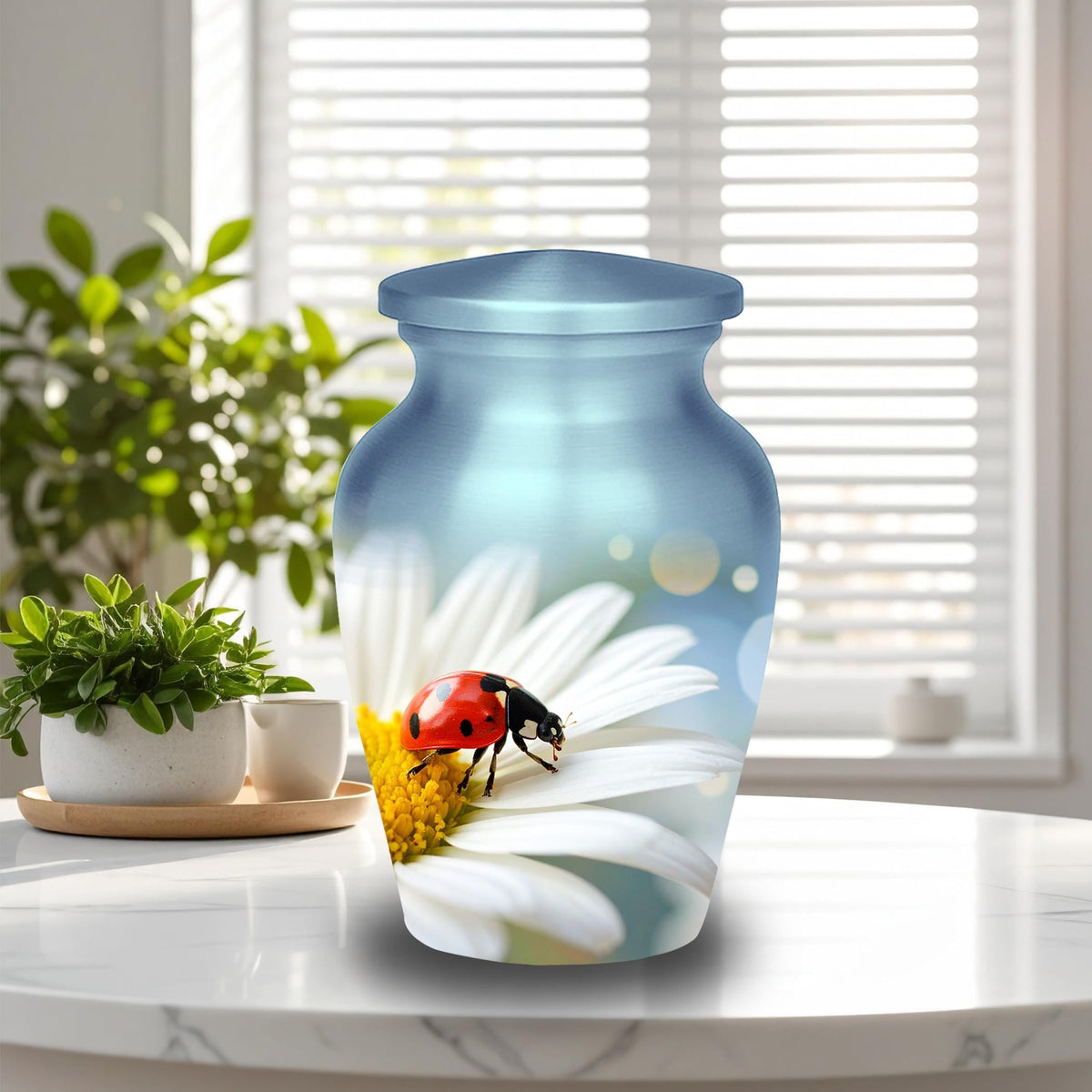 ladybug daisy flower cremation urn for human ashes, handmade aluminum memorial urn – photo 3