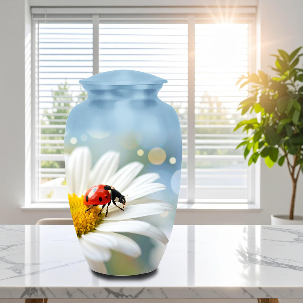 ladybug daisy flower cremation urn for human ashes, handmade aluminum memorial urn – photo 5