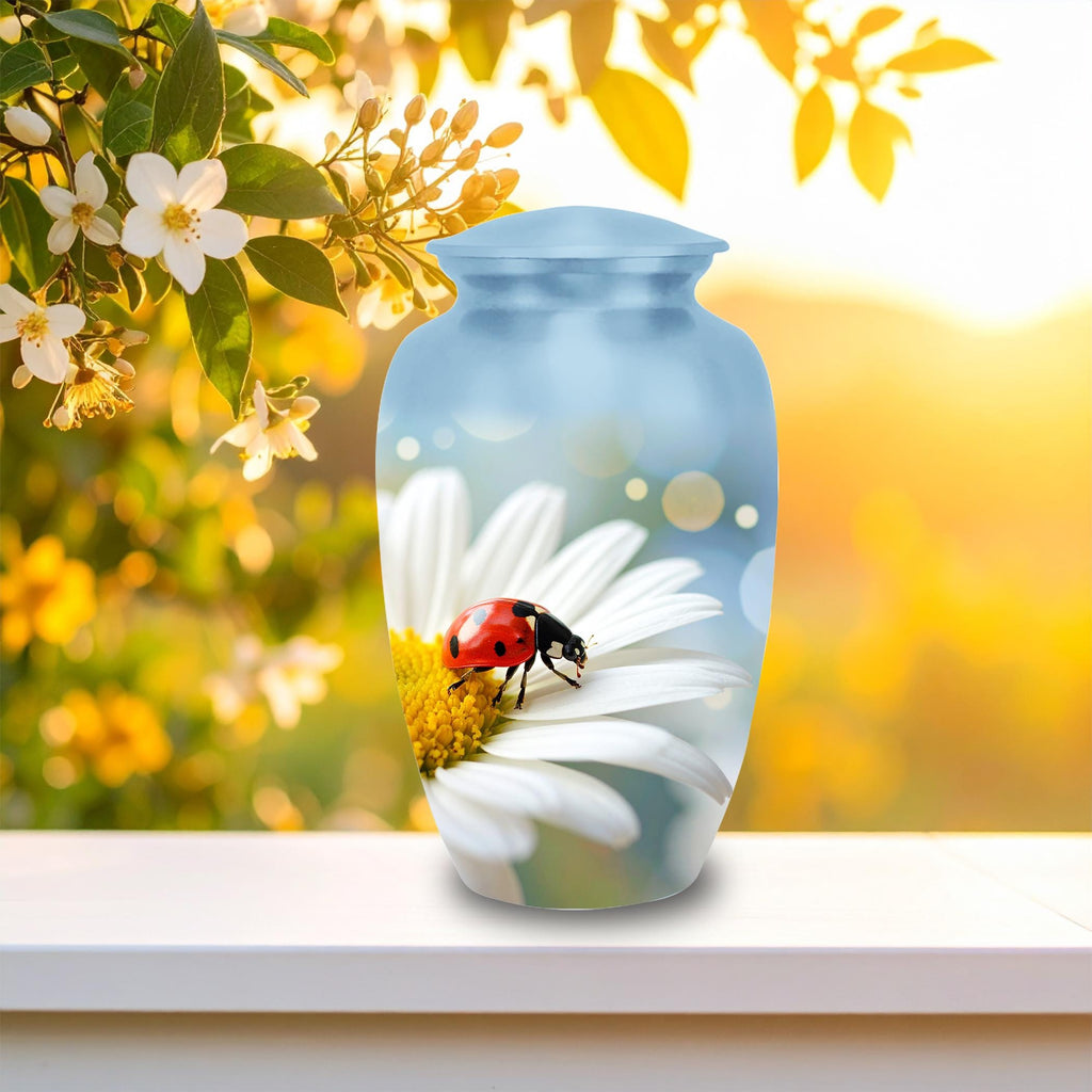 ladybug daisy flower cremation urn for human ashes, handmade aluminum memorial urn – photo 6
