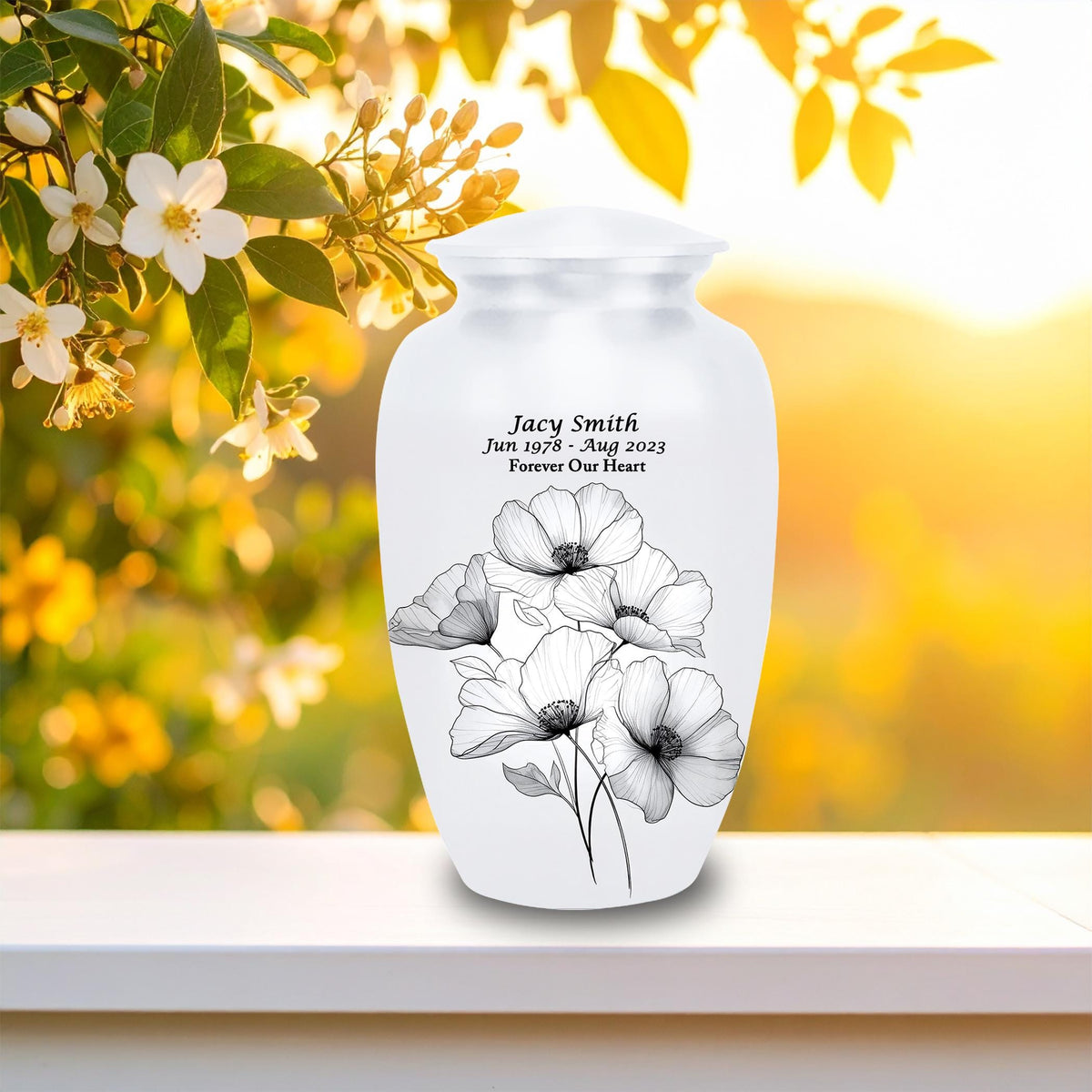 white floral cremation urn for human ashes, handmade aluminum memorial urn – photo 6