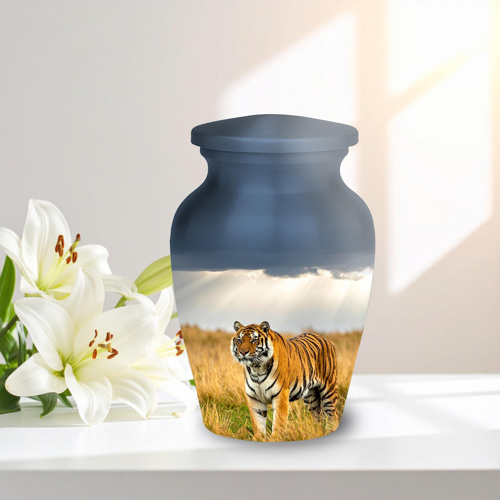 tiger wildlife cremation urn for human ashes, handmade aluminum memorial urn – photo 3