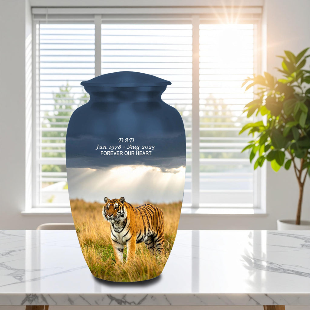 tiger wildlife cremation urn for human ashes, handmade aluminum memorial urn – photo 5