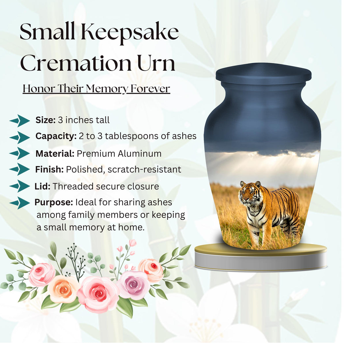 tiger wildlife cremation urn for human ashes, handmade aluminum memorial urn – photo 4