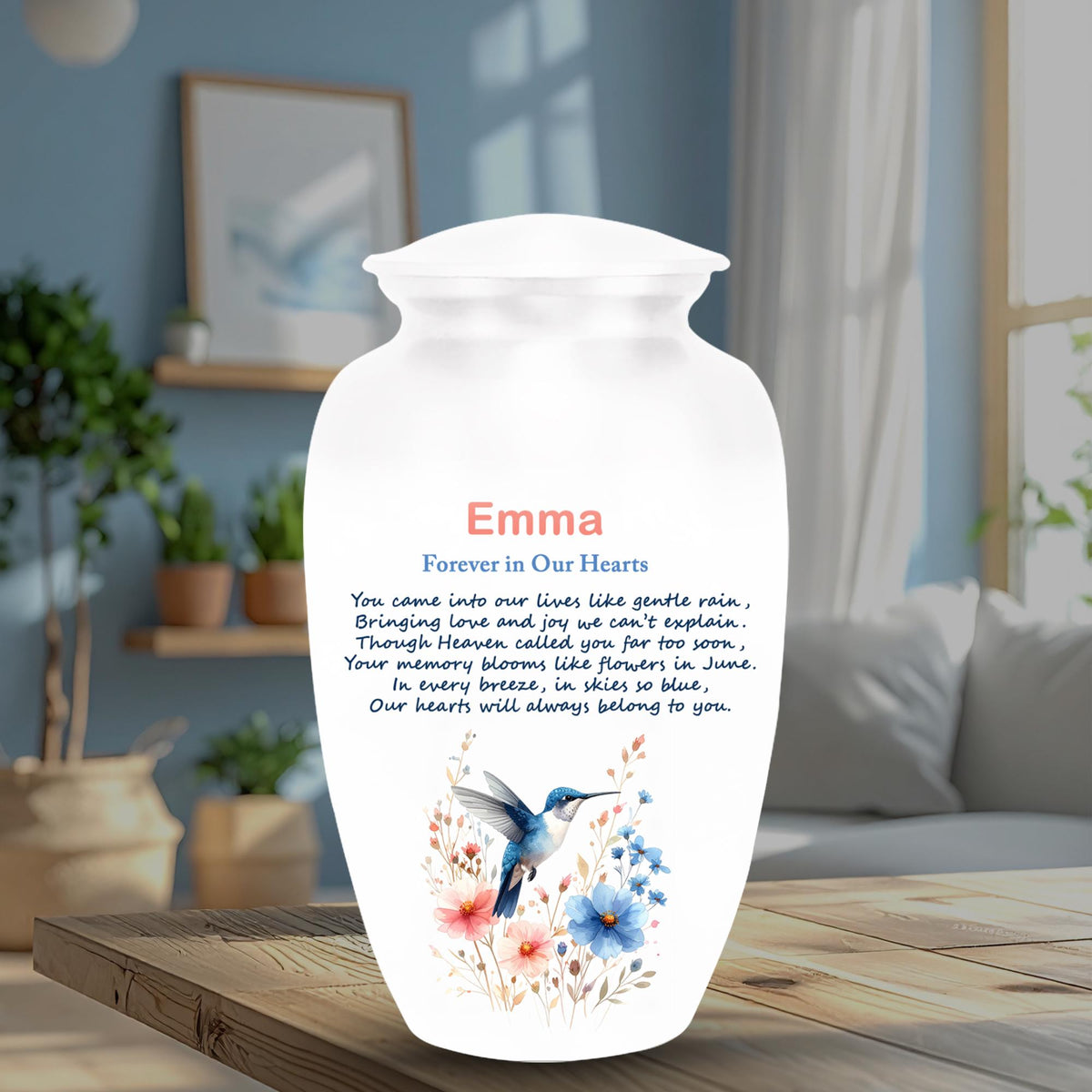 hummingbird floral poem cremation urn for human ashes, handmade aluminum memorial urn – photo 5