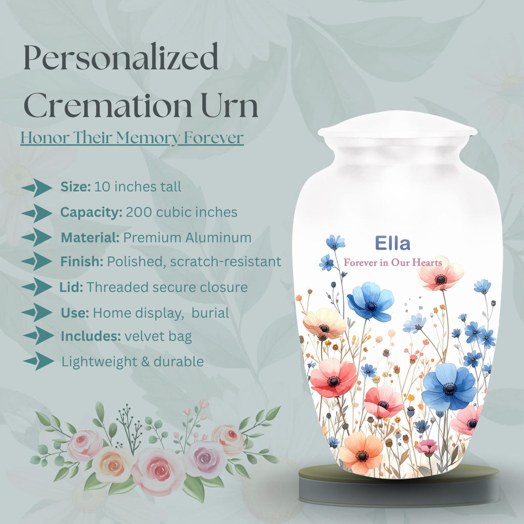 watercolor wildflower cremation urn for human ashes, handmade aluminum memorial urn – photo 3