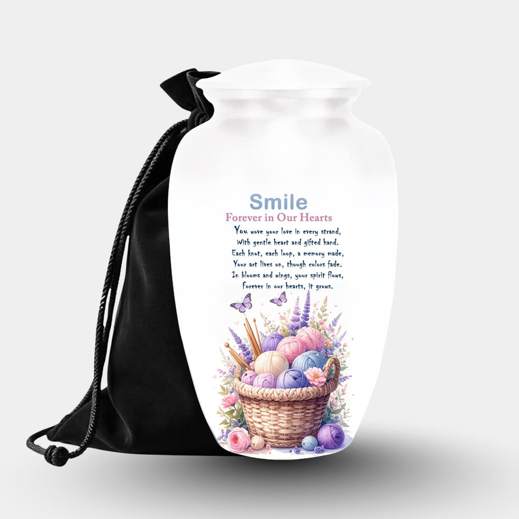 watercolor yarn basket knitting cremation urn for human ashes, handmade aluminum memorial urn – photo 2