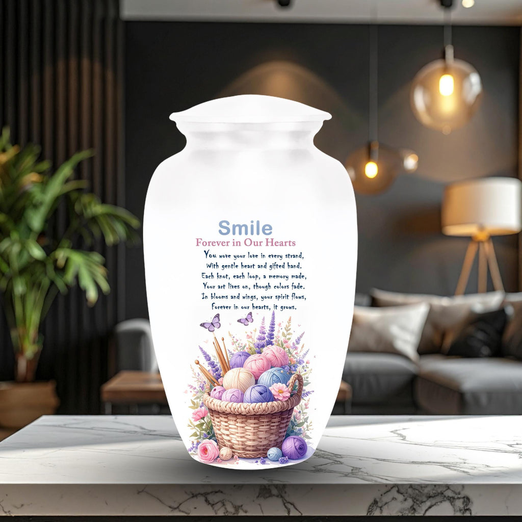 watercolor yarn basket knitting cremation urn for human ashes, handmade aluminum memorial urn – photo 4