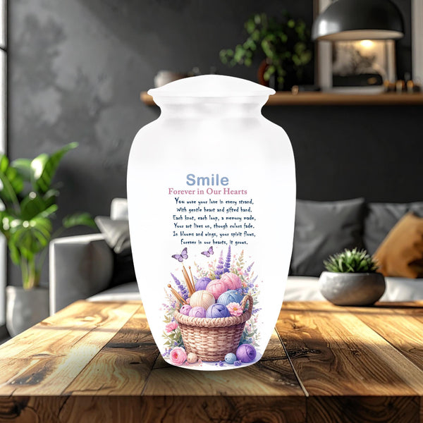 watercolor yarn basket knitting cremation urn for human ashes, handmade aluminum memorial urn – photo 1