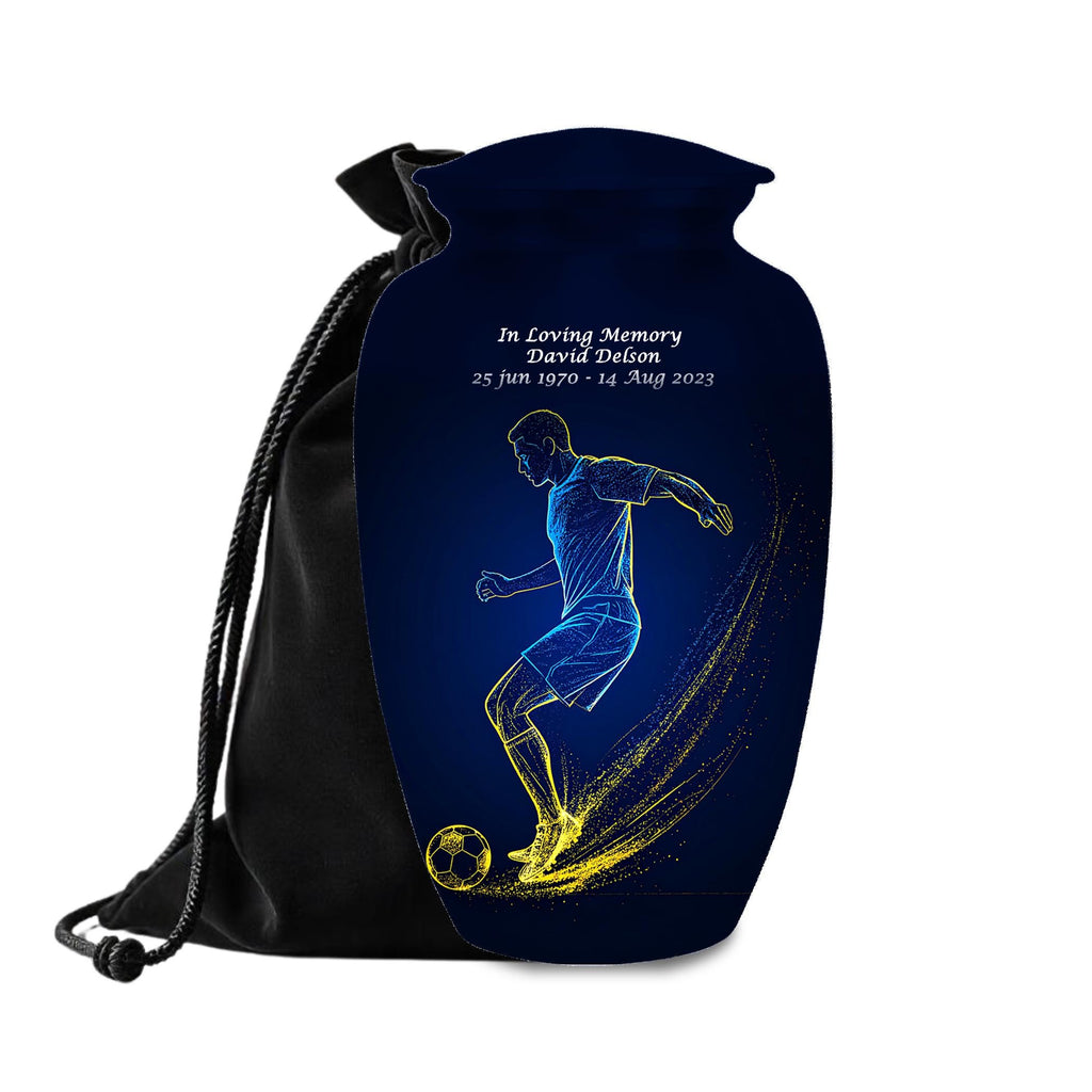 soccer player cremation urn for human ashes, handmade aluminum memorial urn – photo 1