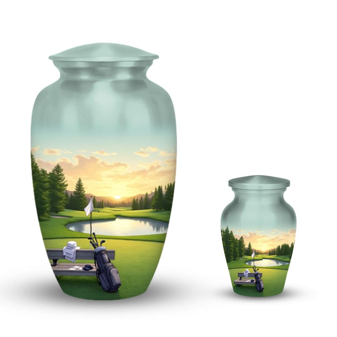 golf course sunset cremation urn for human ashes, handmade aluminum memorial urn – photo 1