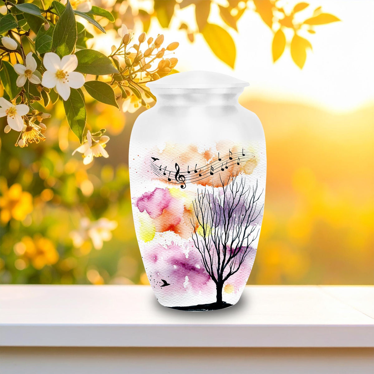 watercolor tree music notes cremation urn for human ashes, handmade aluminum memorial urn – photo 4