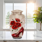 red high heel poppy cremation urn for human ashes, handmade aluminum memorial urn – photo 5