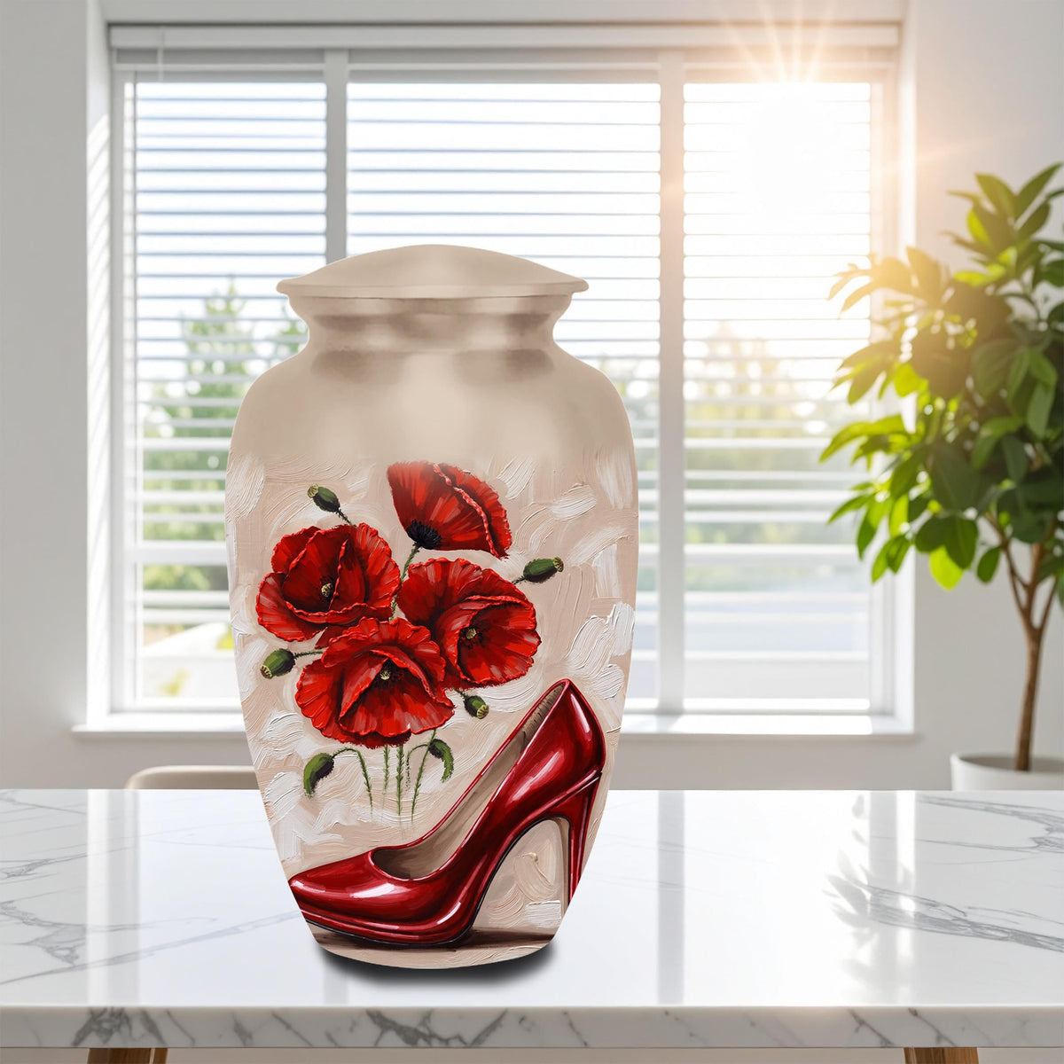 red high heel poppy cremation urn for human ashes, handmade aluminum memorial urn – photo 5