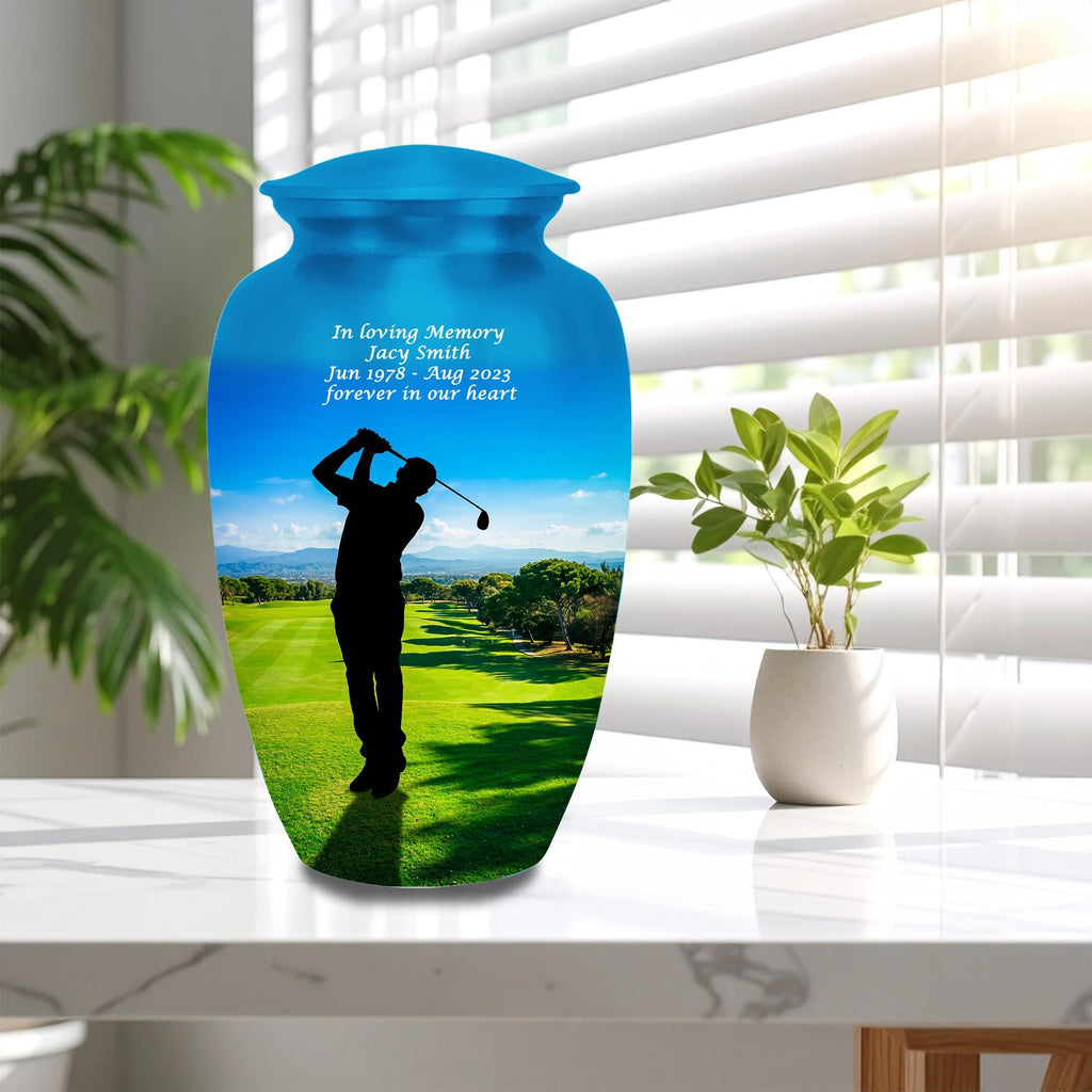 golf player green cremation urn for human ashes, handmade aluminum memorial urn – photo 3