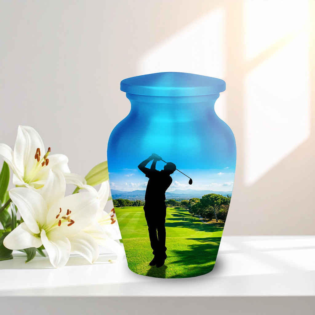 golf player green cremation urn for human ashes, handmade aluminum memorial urn – photo 10