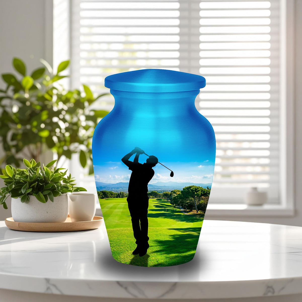 golf player green cremation urn for human ashes, handmade aluminum memorial urn – photo 9