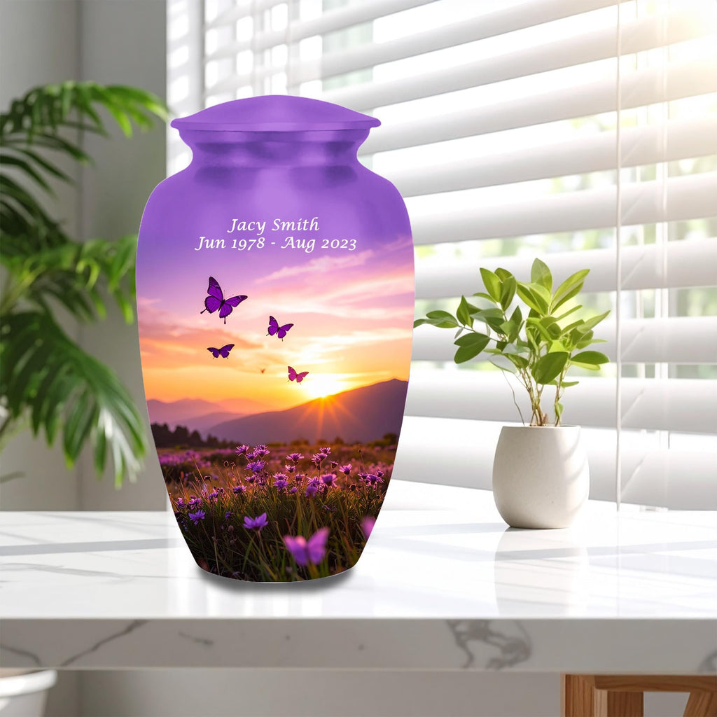 purple sunset butterfly cremation urn for human ashes, handmade aluminum memorial urn – photo 2