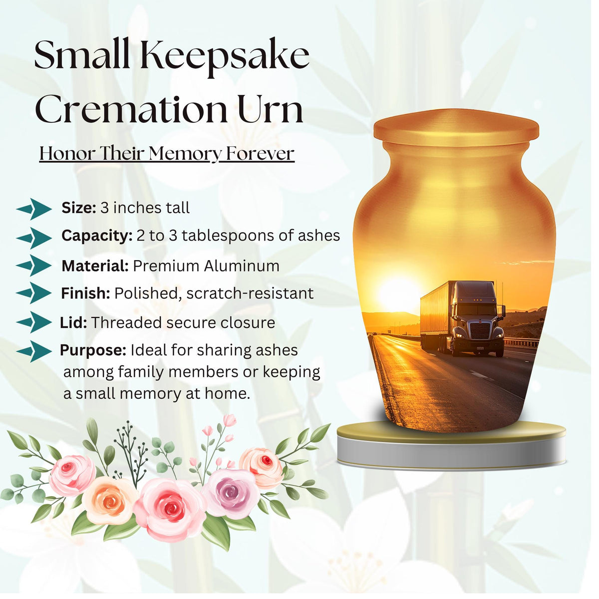 sunset highway truck cremation urn for human ashes, handmade aluminum memorial urn – photo 6