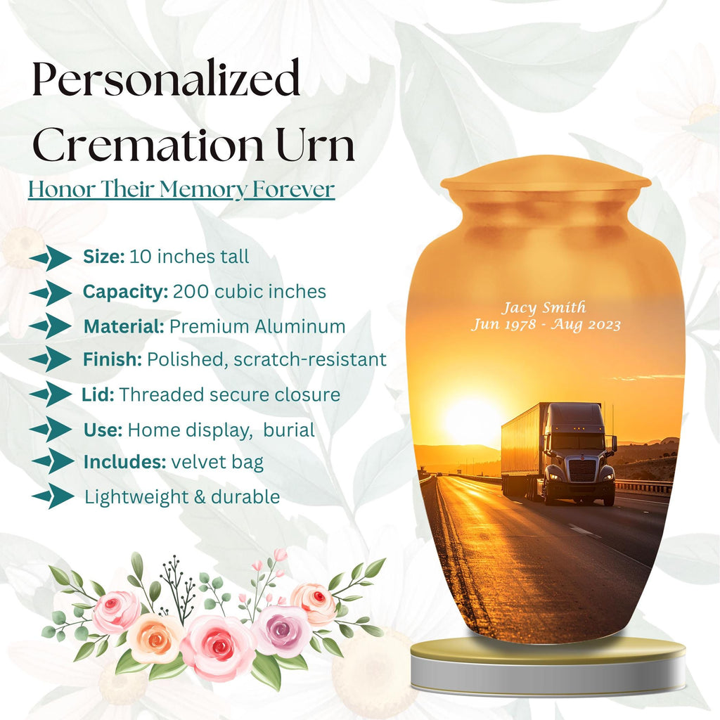 sunset highway truck cremation urn for human ashes, handmade aluminum memorial urn – photo 2