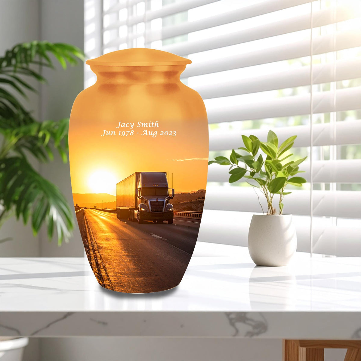 sunset highway truck cremation urn for human ashes, handmade aluminum memorial urn – photo 3