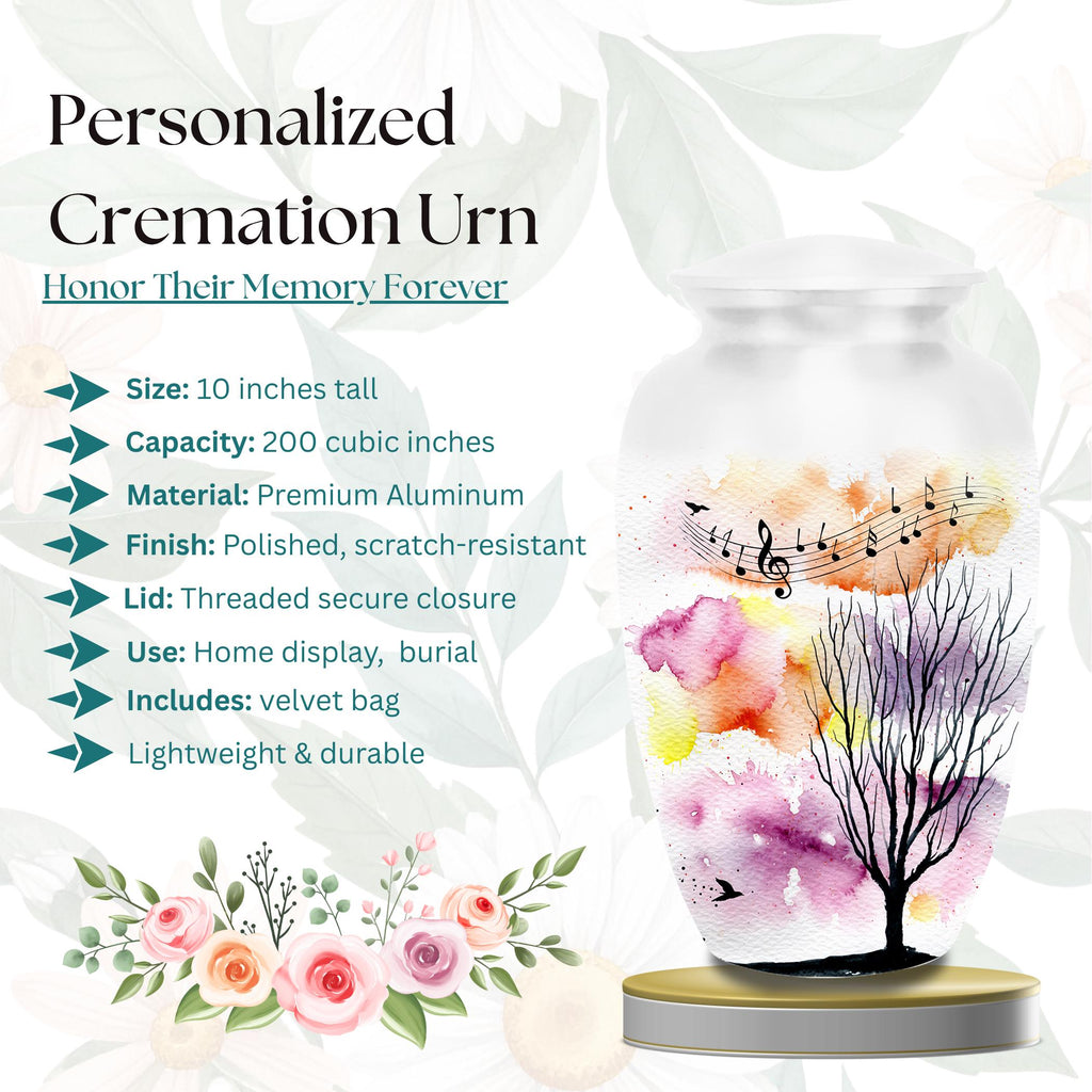 watercolor tree music notes cremation urn for human ashes, handmade aluminum memorial urn – photo 3