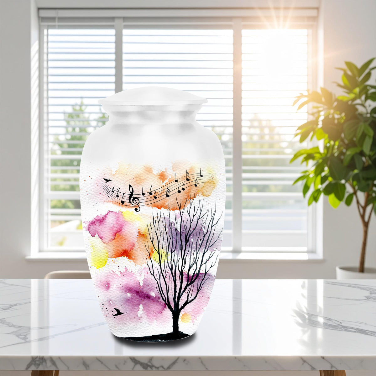 watercolor tree music notes cremation urn for human ashes, handmade aluminum memorial urn – photo 5