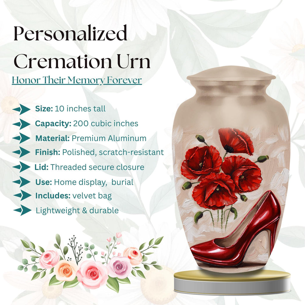 red high heel poppy cremation urn for human ashes, handmade aluminum memorial urn – photo 3