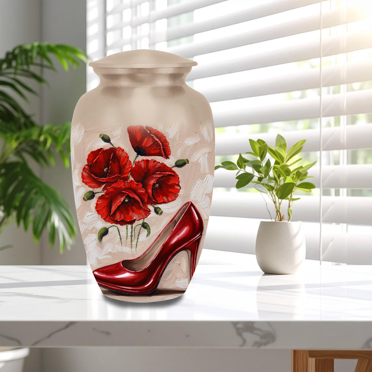 red high heel poppy cremation urn for human ashes, handmade aluminum memorial urn – photo 2