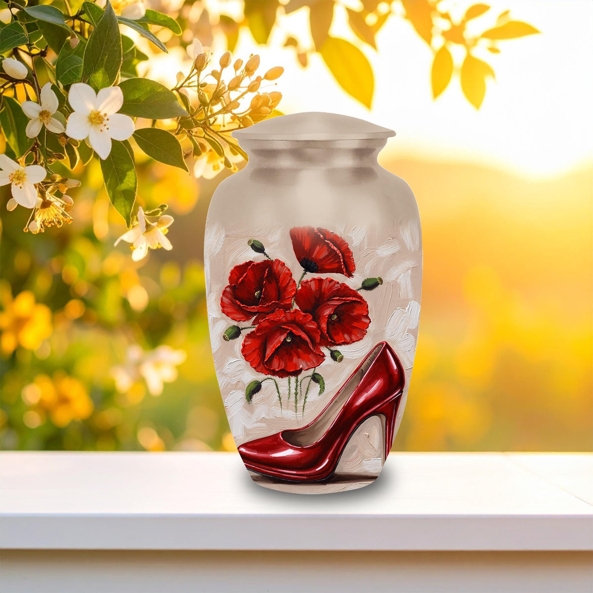 red high heel poppy cremation urn for human ashes, handmade aluminum memorial urn – photo 4