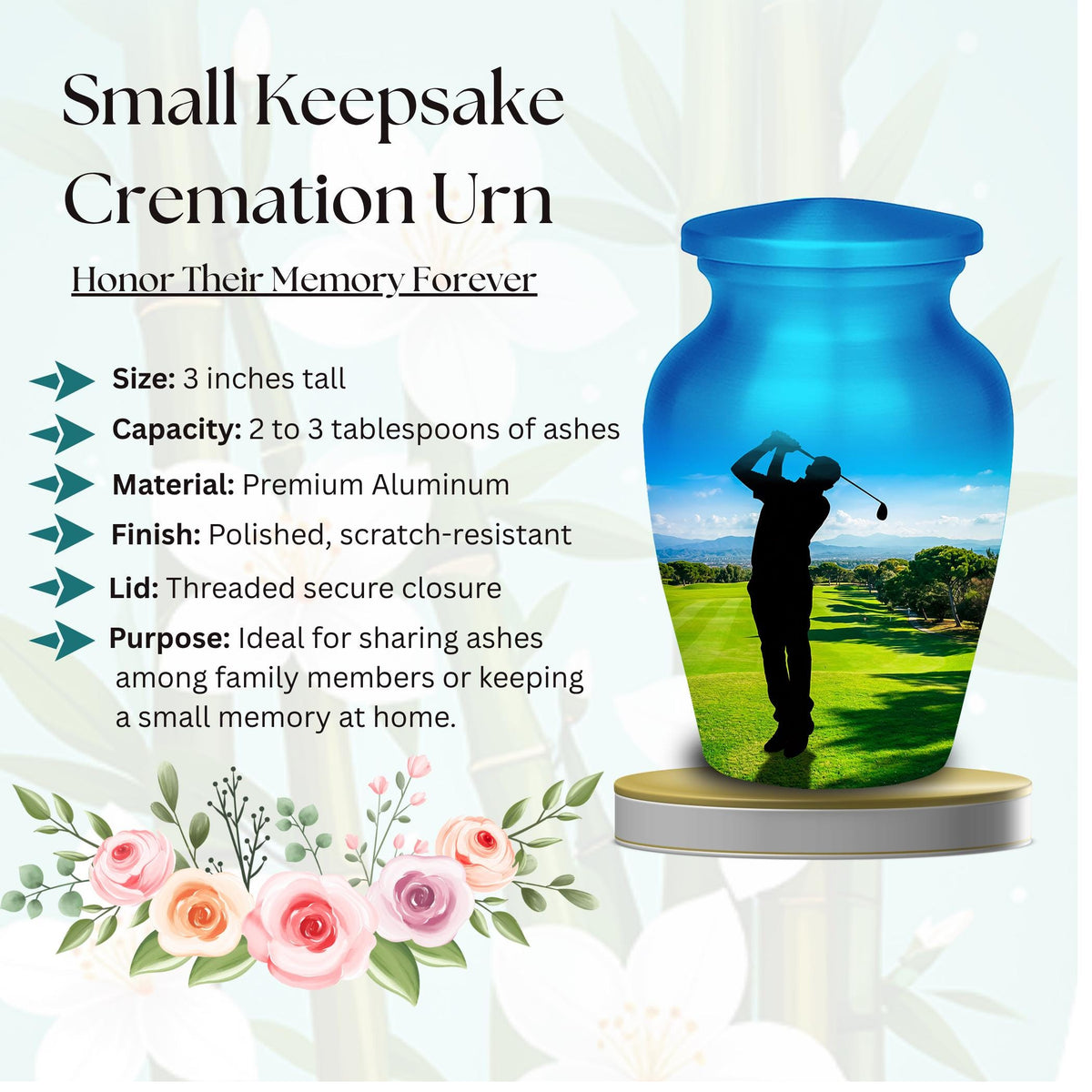 golf player green cremation urn for human ashes, handmade aluminum memorial urn – photo 6